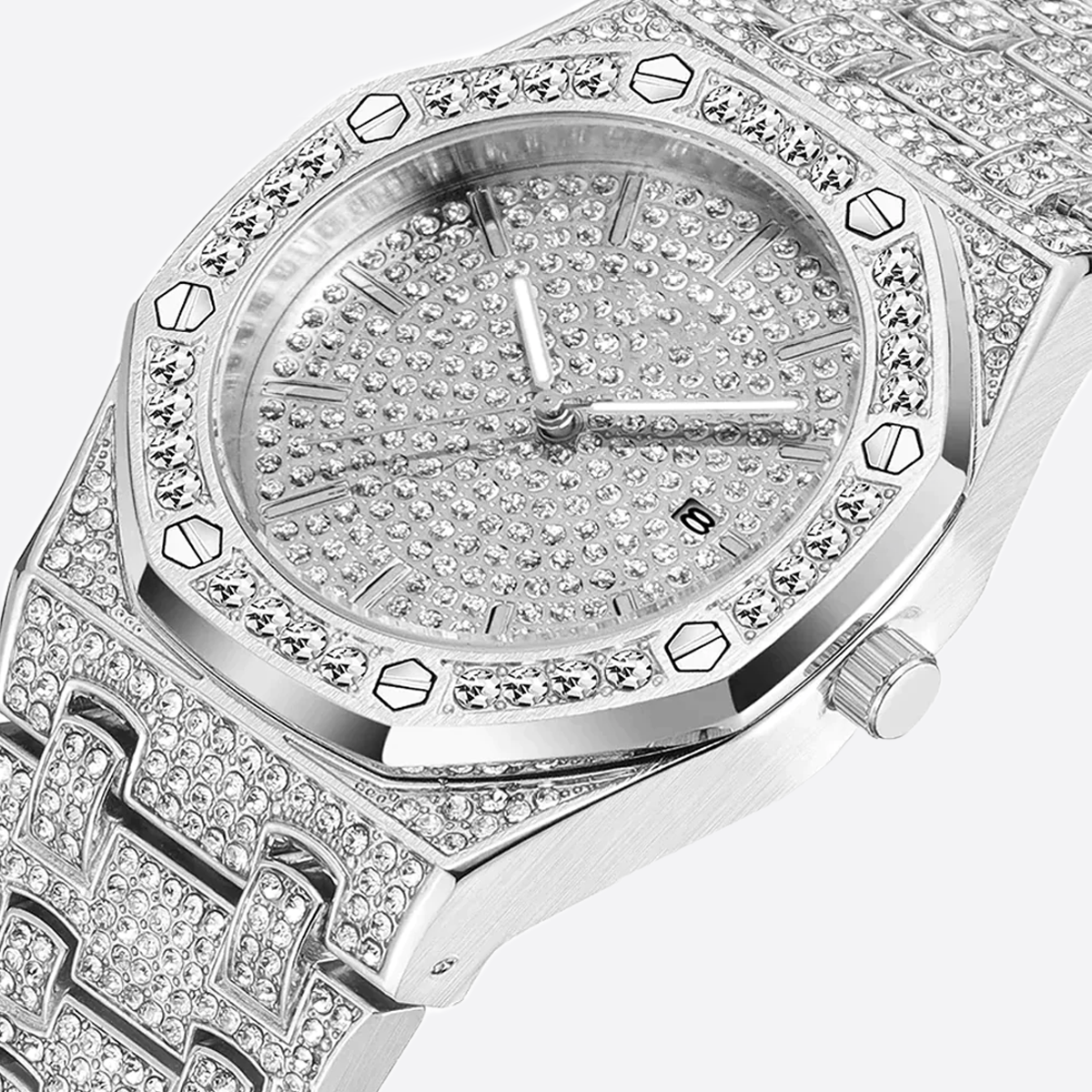 SYMALON. | Silver Bust Down Watch With CZ VVS Stones (Fully Iced Out)