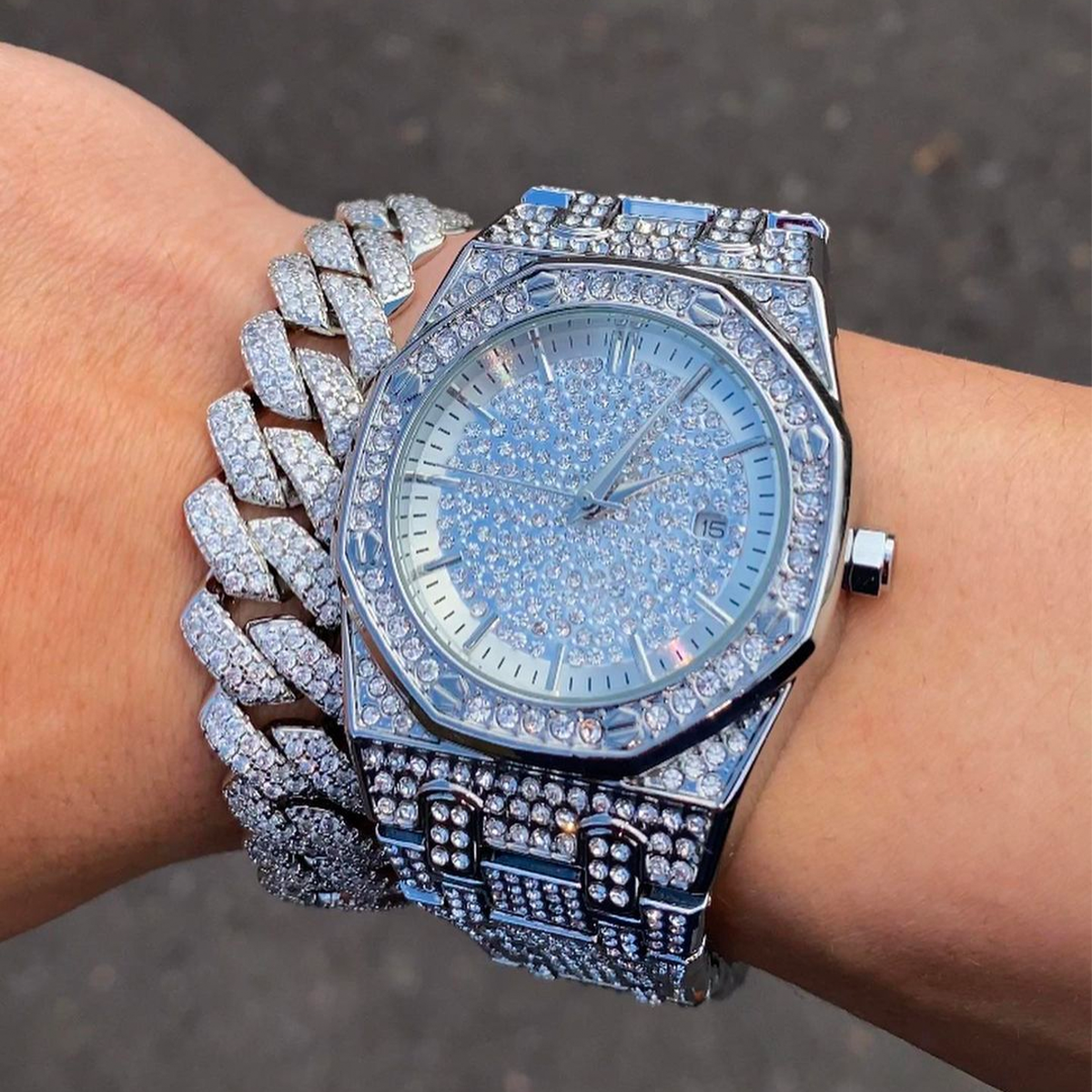 SYMALON. | Silver Bust Down Watch With CZ VVS Stones (Fully Iced Out)