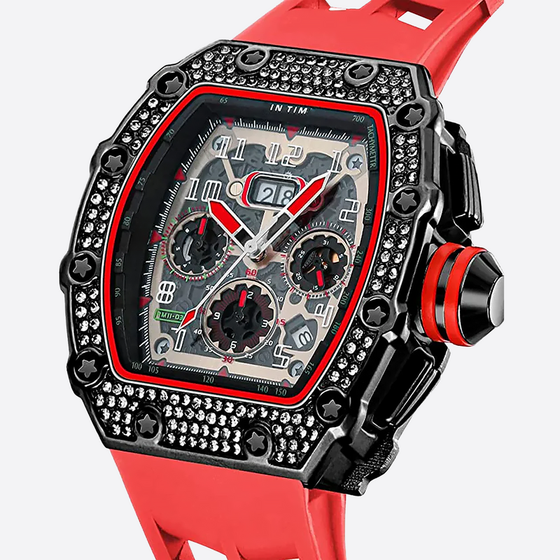 RYALME. | Iced out watch with red rubber strap