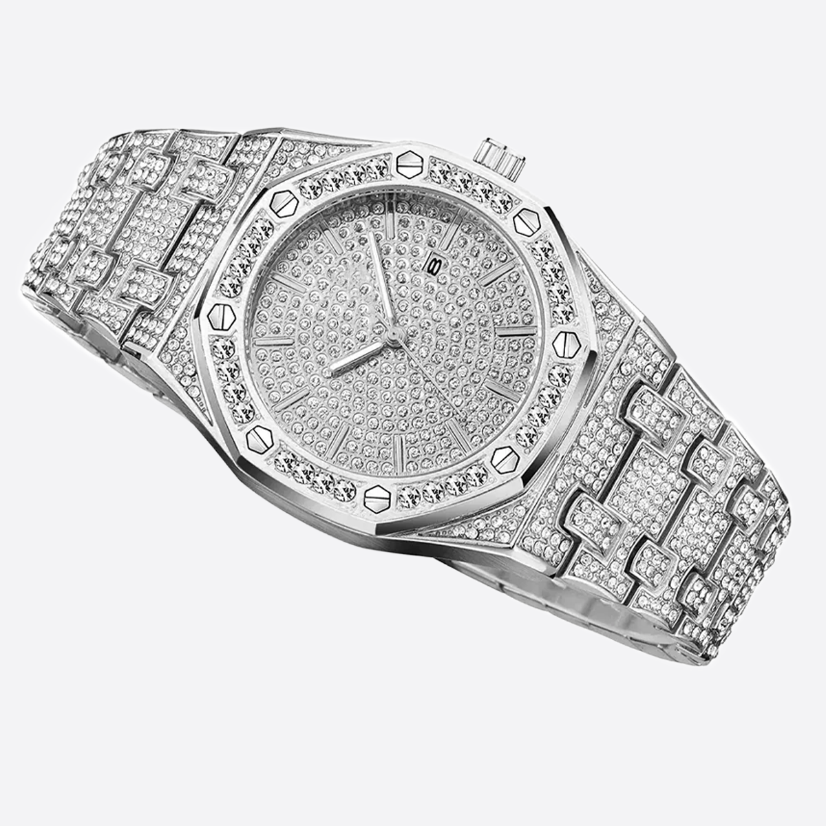 SYMALON. Silver Bust Down Watch With CZ VVS Stones Fully Iced Out